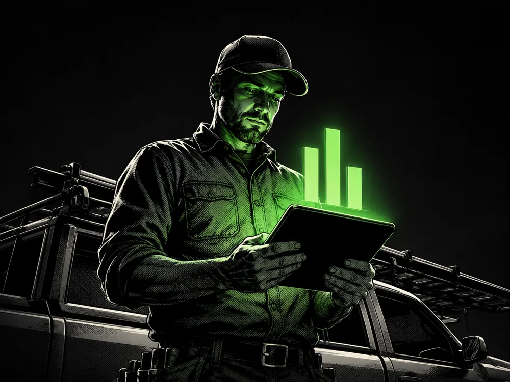 A roofing contractor beside his truck reading his Blueprint score on a tablet.