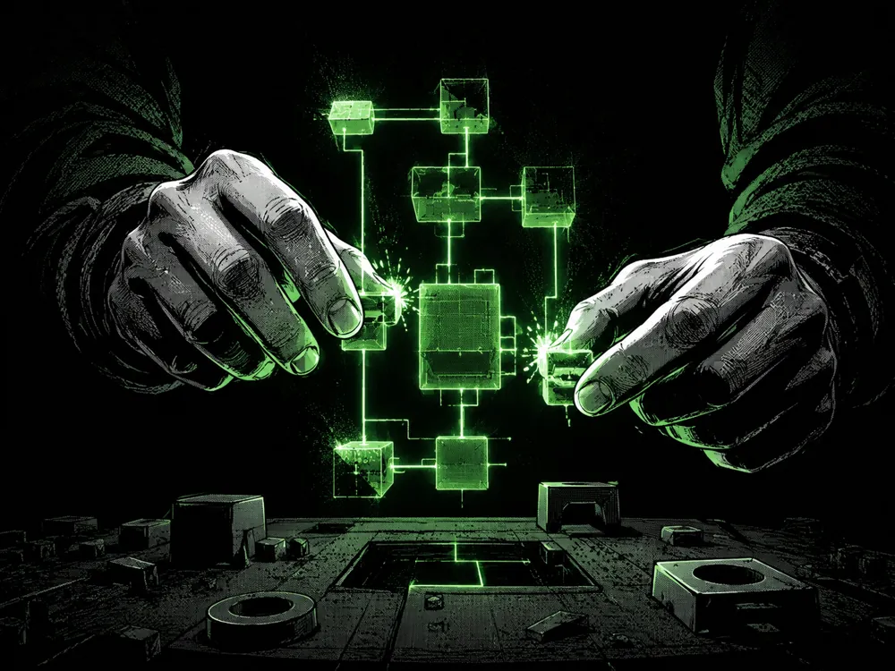 Hands assembling a glowing schematic, the front desk being built to your rules.
